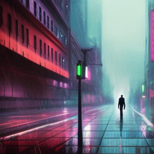 A man stands alone in the neon flurecent rain. He is looking...