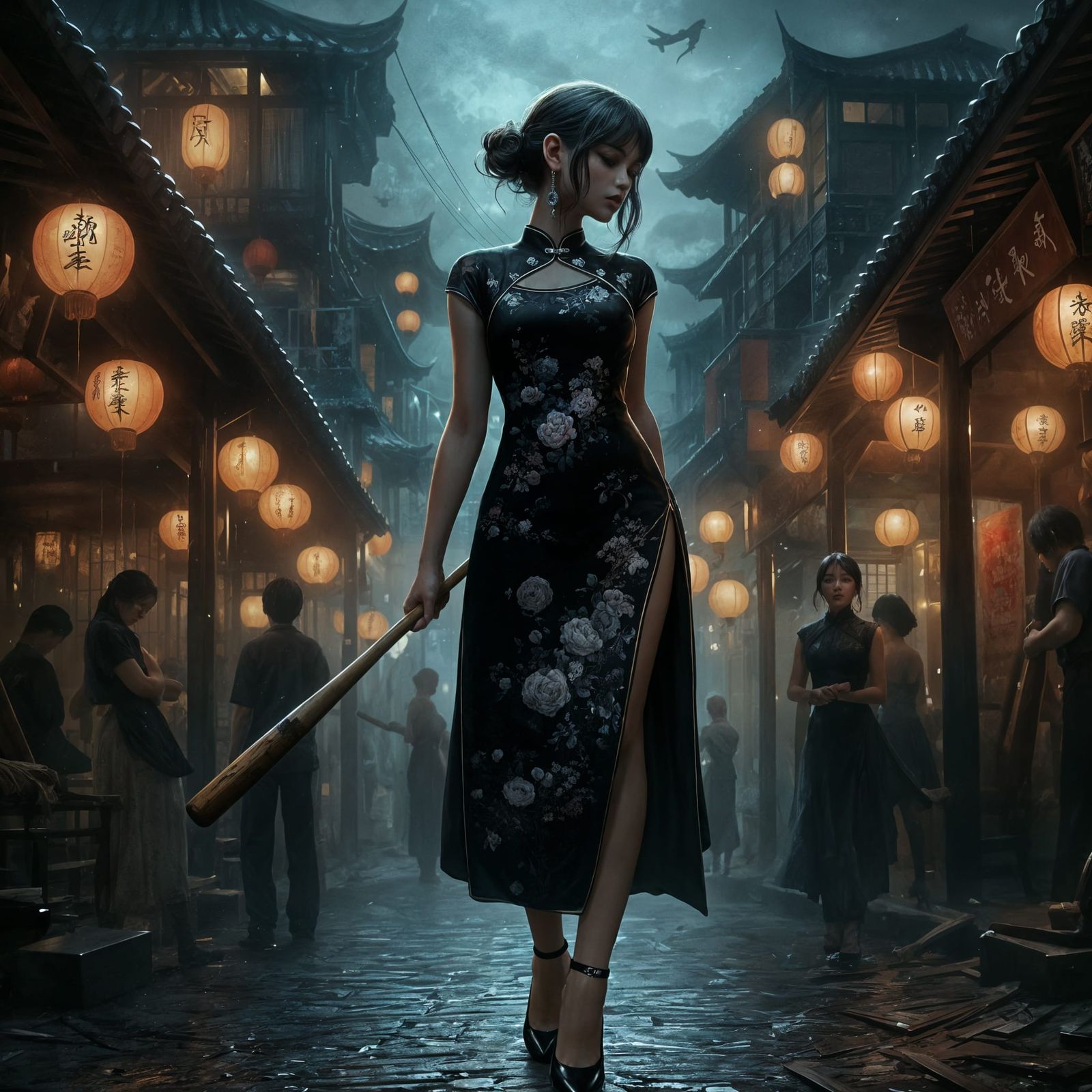 In the shadows, her poised stance and intense gaze made her appear both elegant and dangerous, the bat adding to the ten...