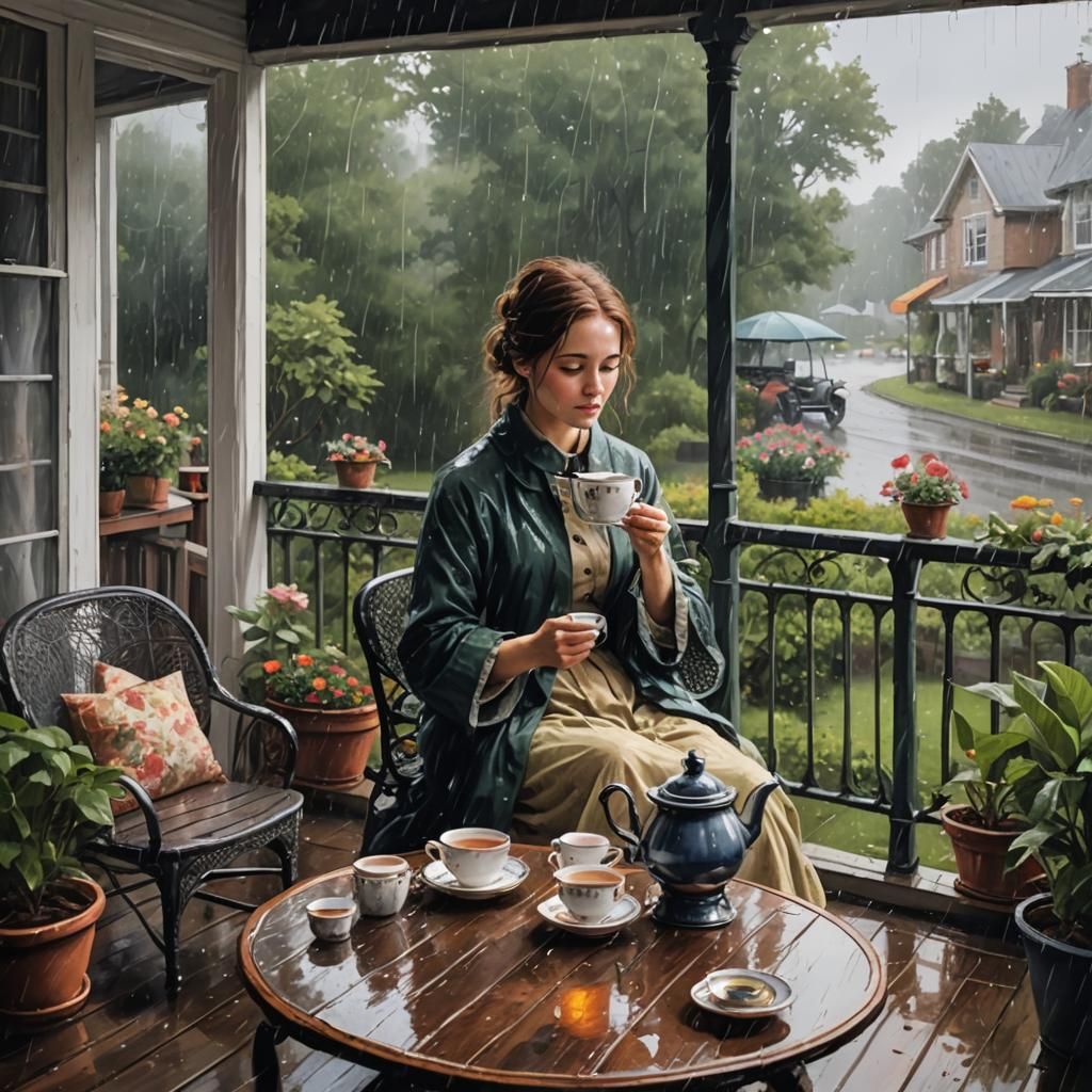 woman having tea on a porch watching the rain   by @RoadClown
