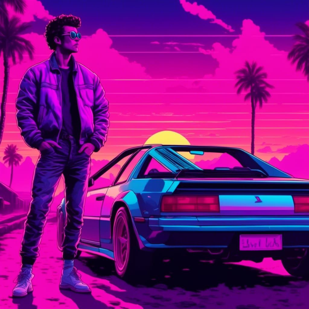 A man leaning against a sports car  watching a sunset, synthwave, neon, retro, 80's horror, intricately detailed, high resolution, dynamic l...