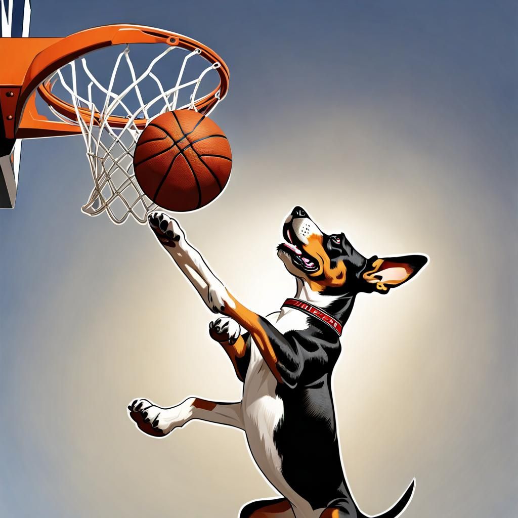 A scene of a dog, forcefully dunking the ball over the rim. The dog is
