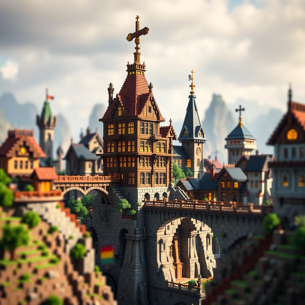 several minecraft buildings connected by bridges