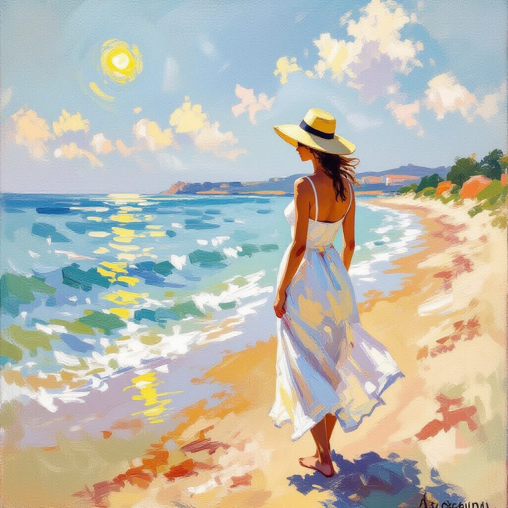 Impressionistic Beach Scene with Woman in Sundress