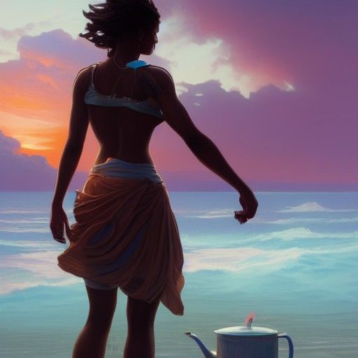 brown girl with drink smiling looking to sea; sunrise