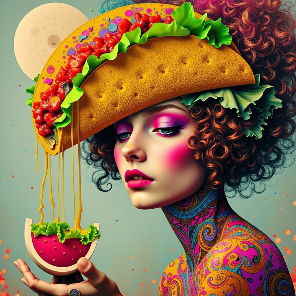 <lora:SecretSauce:1.0> <lora:mmcollage:1.0> <lora:G1i7ch5c4p3:1.0> Vibrant, dreamlike woman with bold, expressive features and swirling hair...