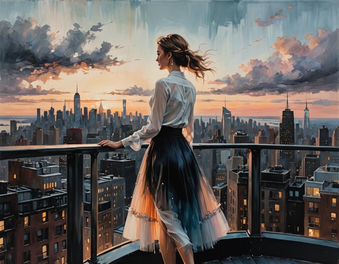 Oil painting of woman wearing tulle skirt and white shirt enjoys the skyline of Manhattan, New York  by @Fokje