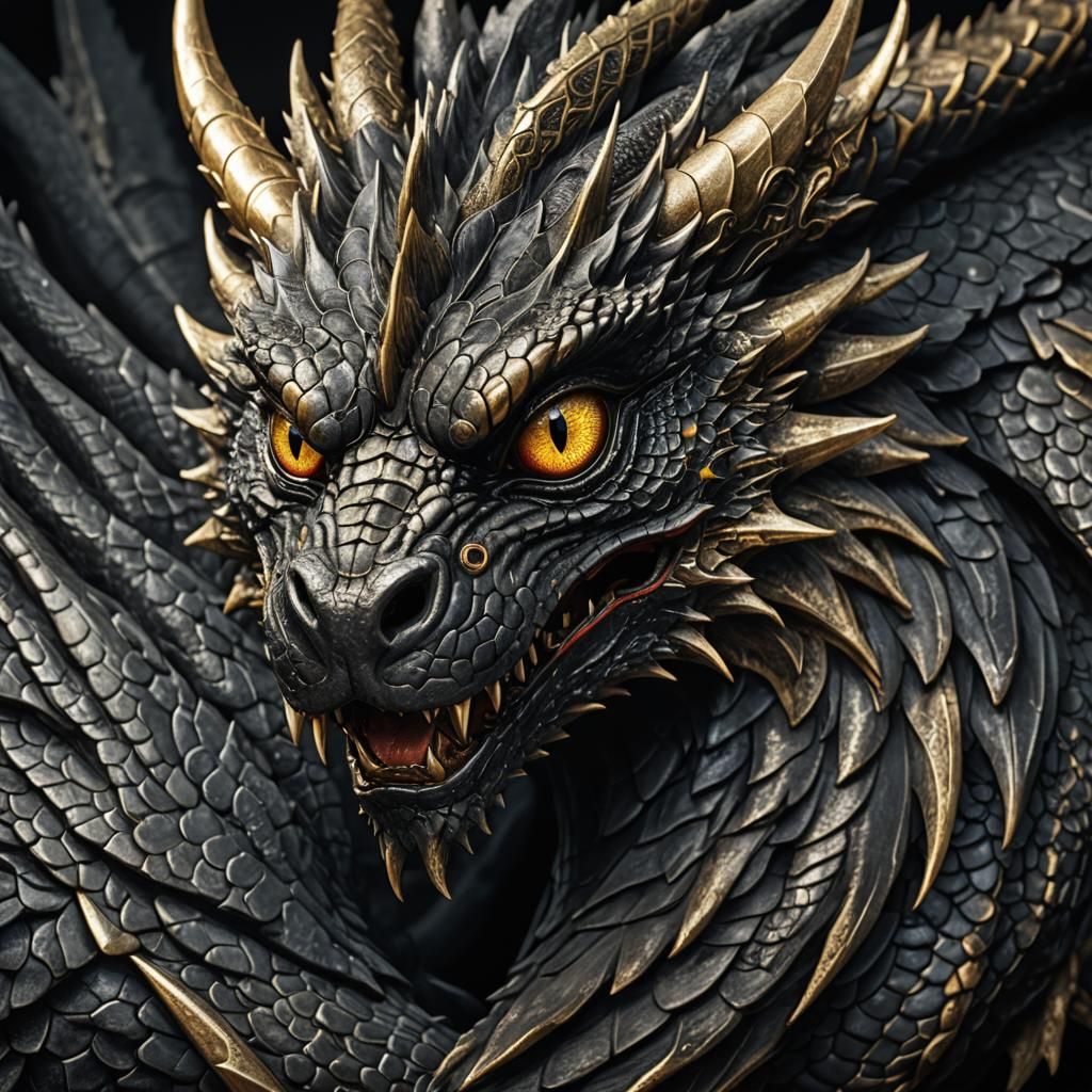 A close up view of a Large black velvet shadow dragon golden...