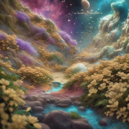 <lora:Stunning:1.0> A girl in a long flowing, purple galaxy. She's twirling, spinning and the dress is long and intricate. Her dress is also...