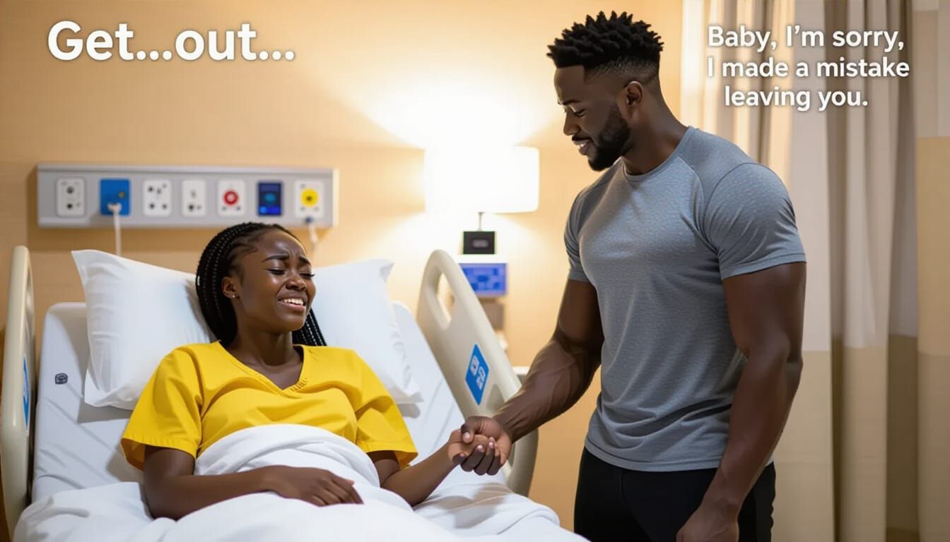 Hospital room, only two people. 18-year-old Nigerian girl (Chinenye) lying weak on a hospital bed, wearing a yellow hospital gown, crying. L...