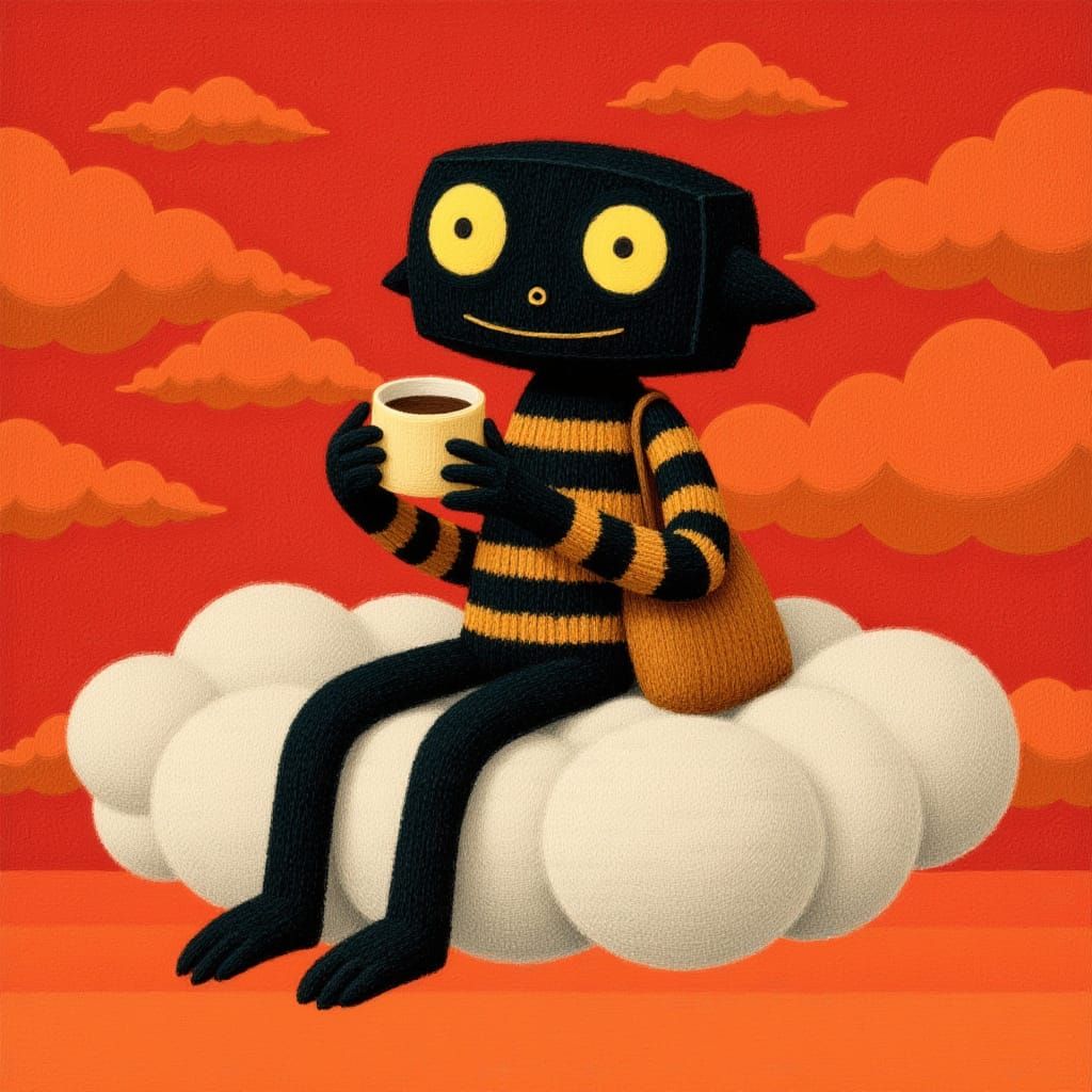 <lora:The Folkdream Set:1.0> A black monster with yellow eyes sits on a cloud and drinks coffee, wearing a striped shirt, with a bag in its...