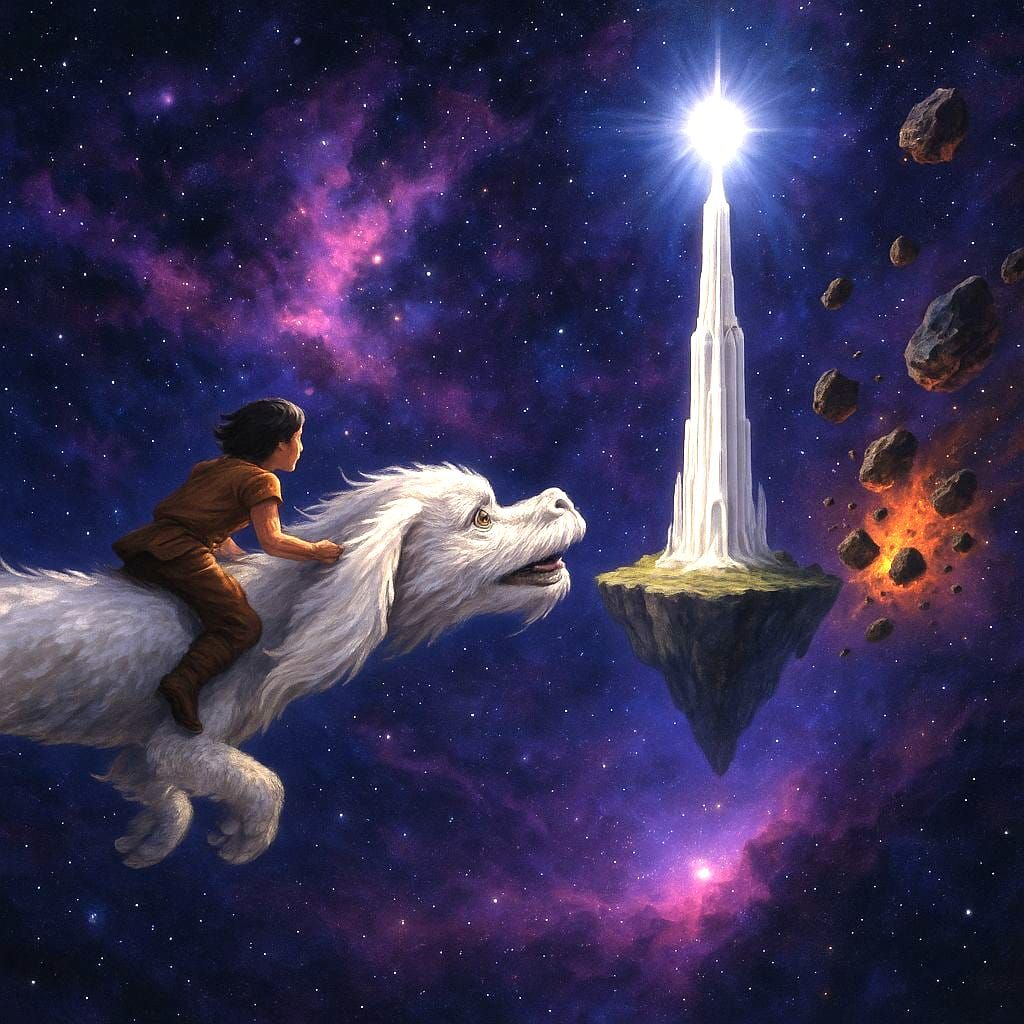 The Ivory Tower stands bright and tall on a floating island in outer space, white light glowing from ...  by @HE-MAN-FAN