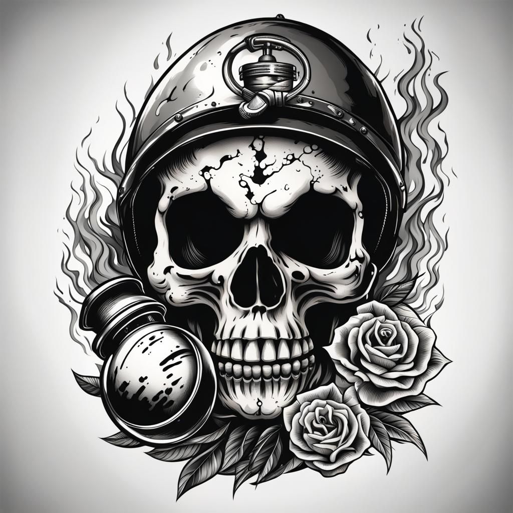 a black and white fiery skull and a hand grenade in tattoo s...