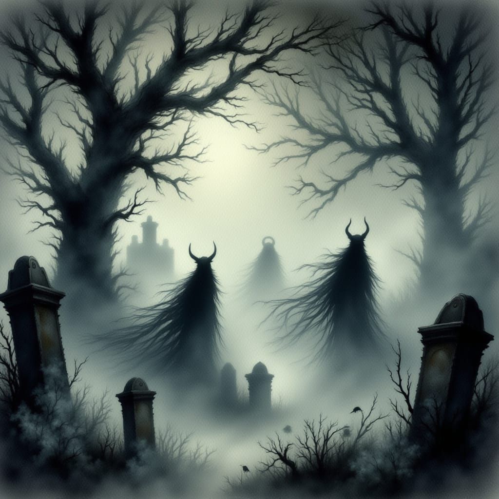Diaphanous ghosts dance in an ancient rotten graveyard, gravestones partly shouded in mist, haunting shadows, eerie twiglight, impressionist...