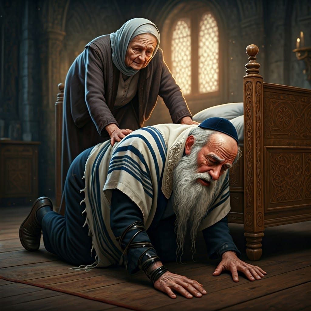 Ancient Rabbi Kneels in Humility, Overcome by Elderly Woman'...
