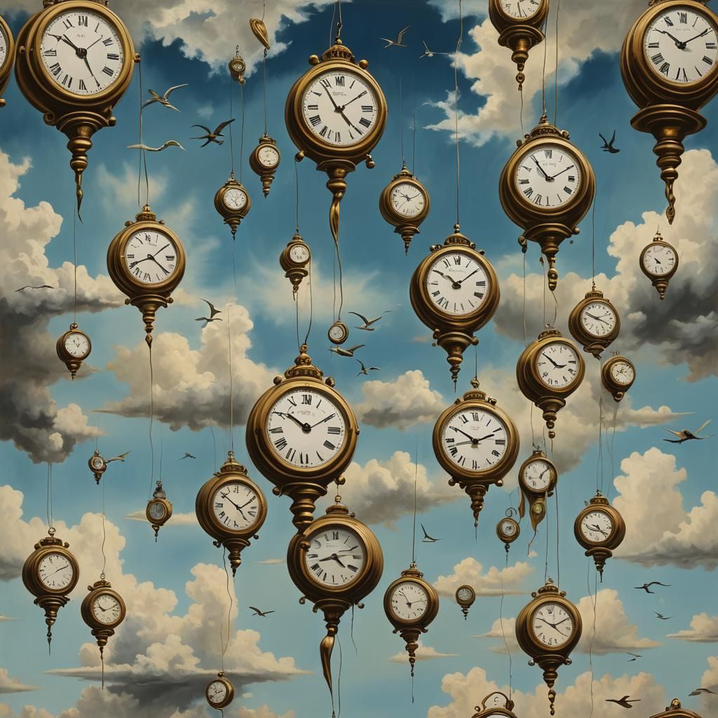 Clocks hanging in the sky.