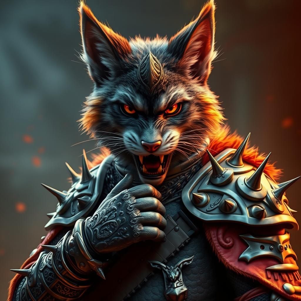 Antropomorph cat man wolf, raged, fluffy, armored character, medieval style. 3d Game concept art, medium ...  by @Marv