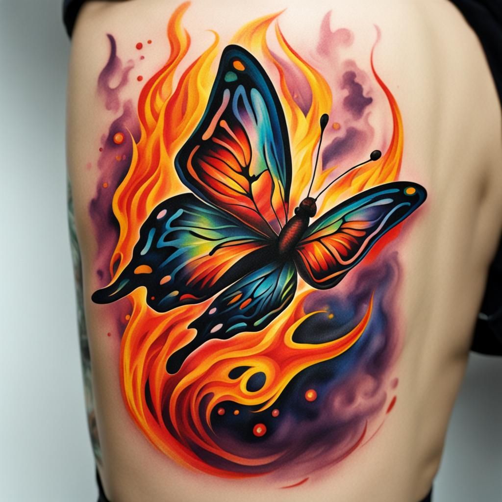 Glorious multicoloured butterfly on fire tattoo