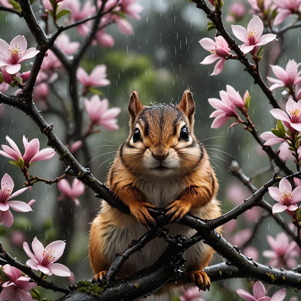 Wet Chipmunk on a Magnolia tree   by @Dmitri
