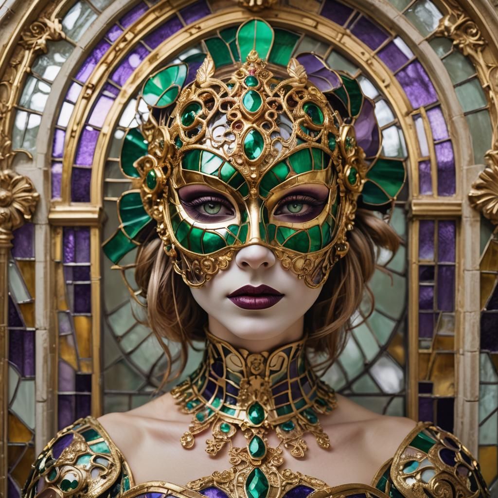 biomechanical girl in a golden mirror mask and a carnival dr...