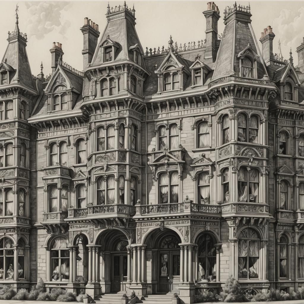 detailed pencil drawing of the exterior of a victorian palac...