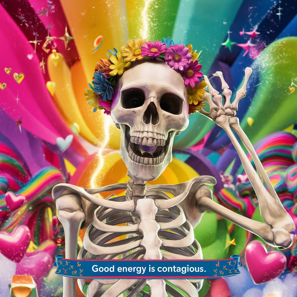 a skeleton with a joyful expression, adorned with a crown of...