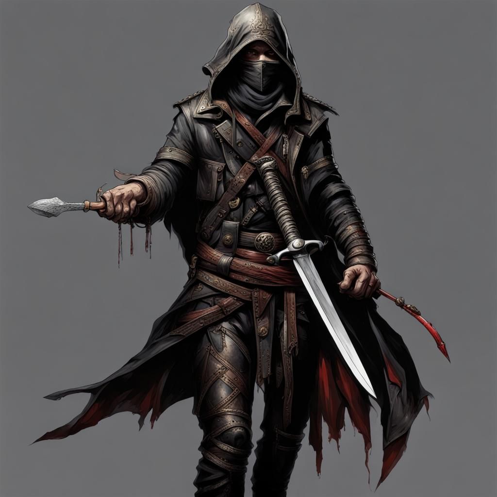 no mask; crisscrossing scars on face; assassin in leather holding long ...