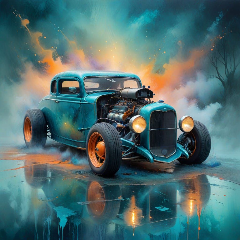 Vintage teal hot rod with exposed engine on misty city street  by @XII