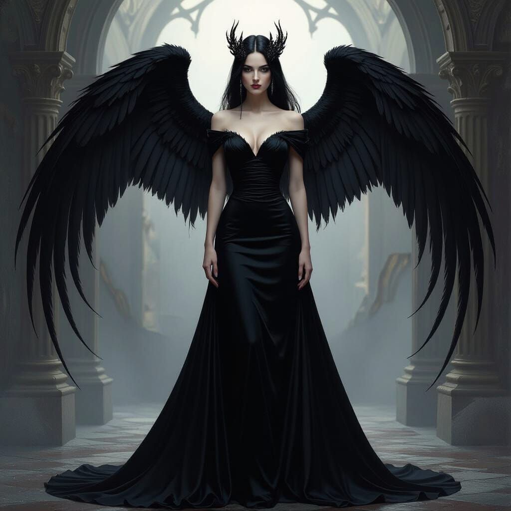 A tall, ethereal angelic dark queen, with sweeping black wings stands in the middle distance, staring into the camera. She's wearing an eleg...