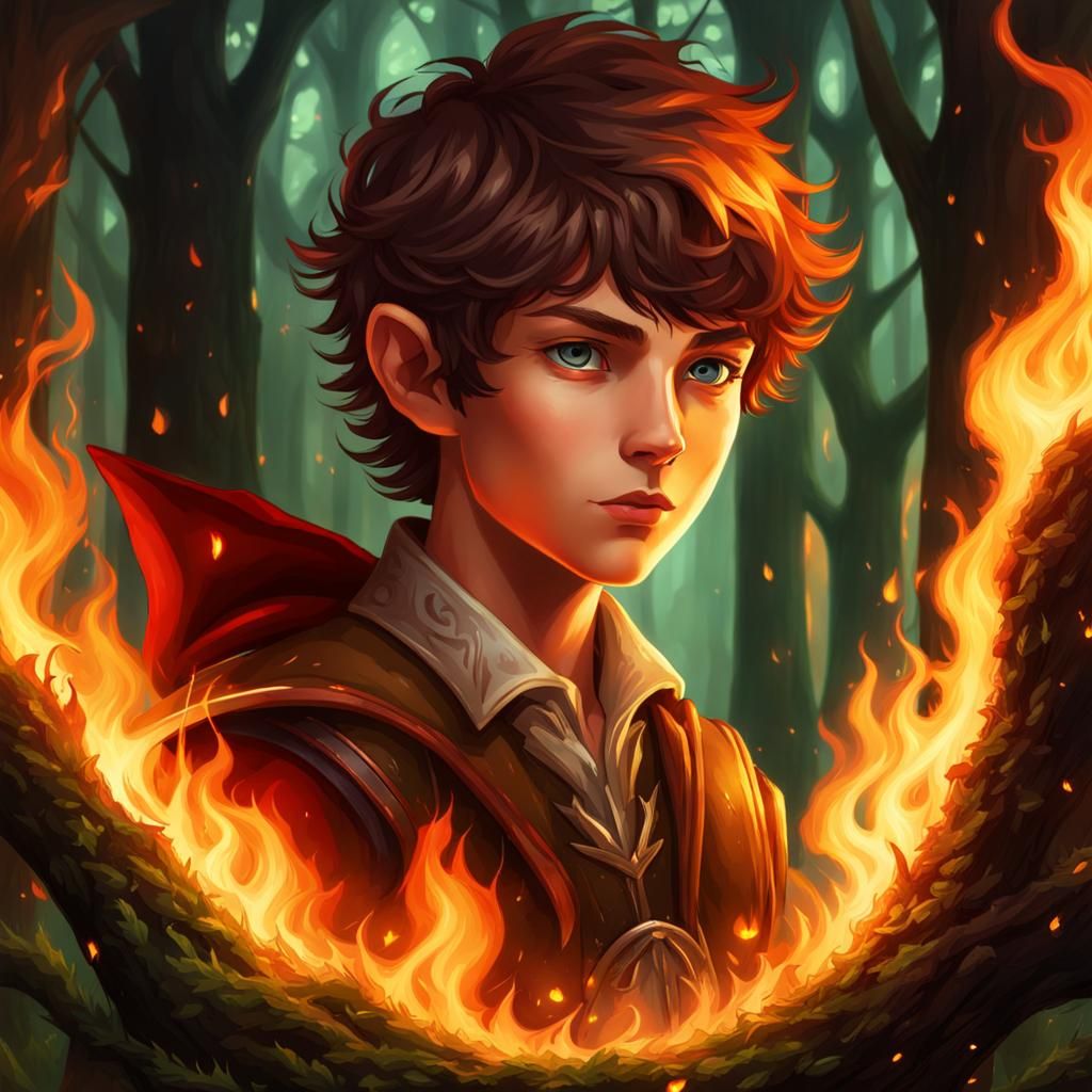 young brown haired elf boy in a forest in flames