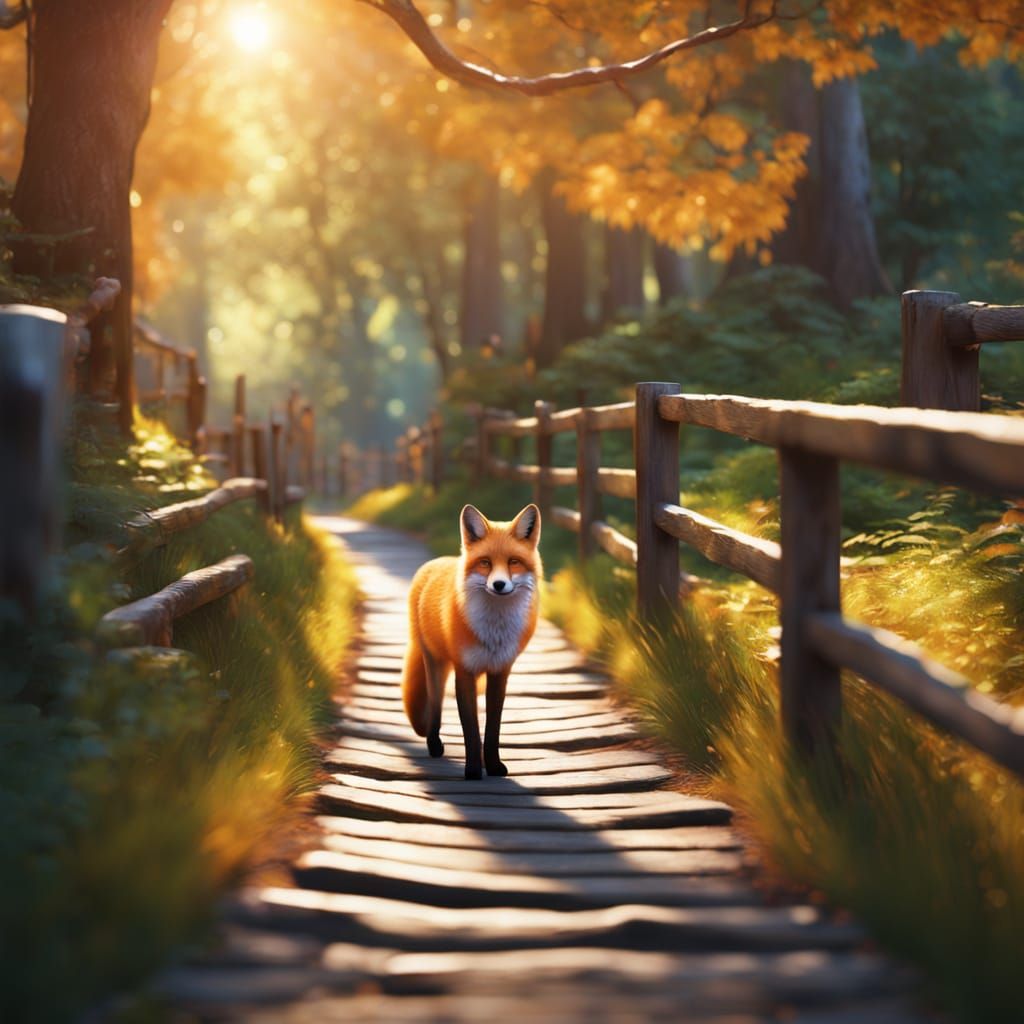 Hyper-Realistic Fox Walks Forest Path in Enchanted Light