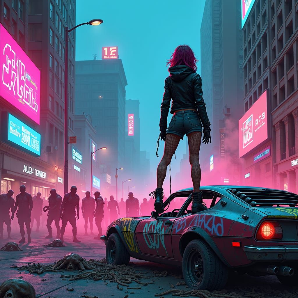 fluro zombie apocalypse, punk post-appocalyptic scene in the style of tank girl 