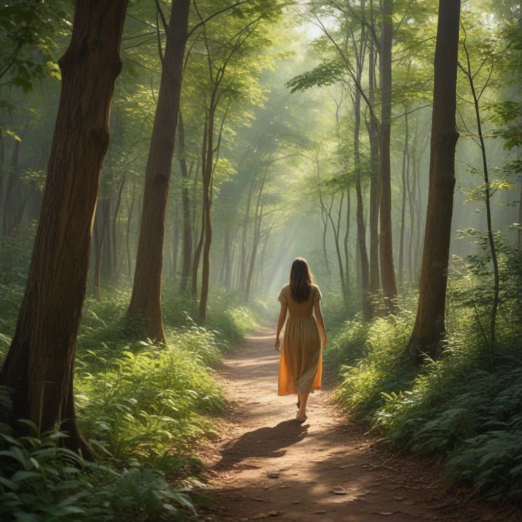 Impressionist Painting of a Woman in a Serene Forest