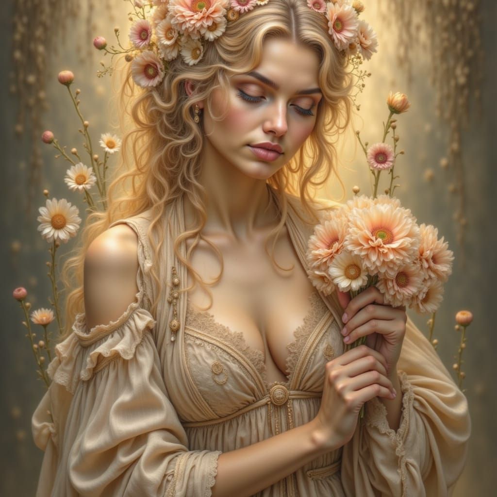 A woman in warm, golden light, surrounded by soft, whispery petals, with a gentle, loving expression, in the style of Alphonse Mucha, with ...