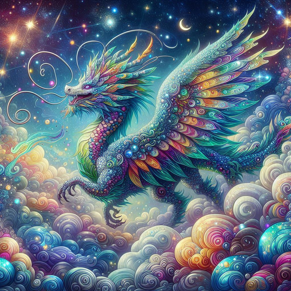 A majestic celestial opalescent gemstone dragon