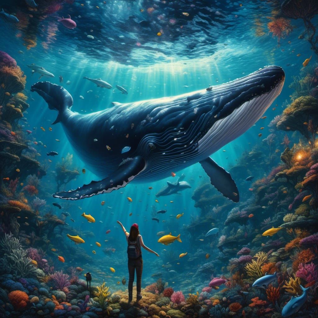 <lora:Illustration:1.0>"Fabulous huge whale swimming through the air above a person reaching for it, fantasy, night landscape, reverie, colo...