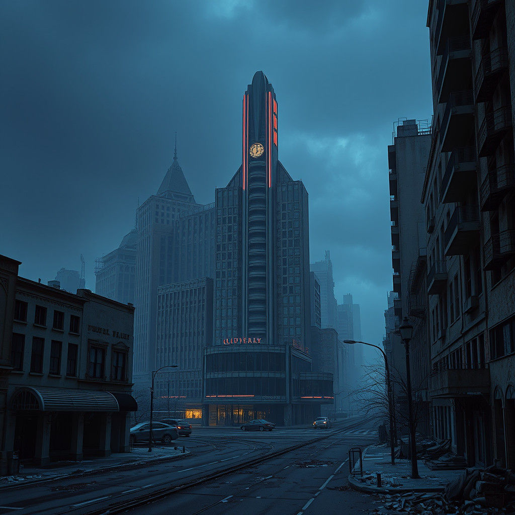 Melancholic Cityscape at Dawn in Art Deco Style