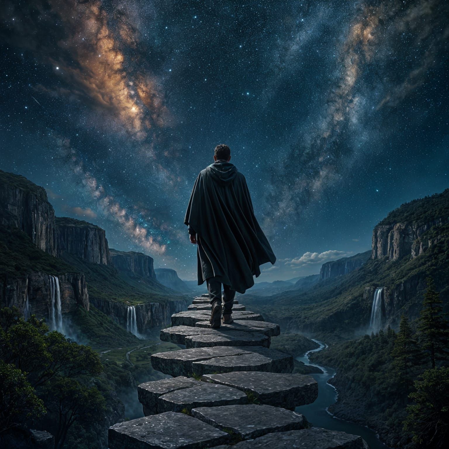 The painting shows a man walking along a path of stone slabs that seem to float in the endless sky above ...  by @Schoor