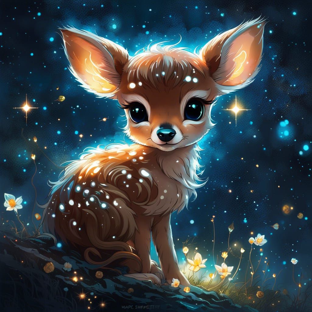 A whimsical adorable cute baby chibi fluffy fawn on bioluminescent constellation starry sky, soft lighting, ...  by @Adu entertainment