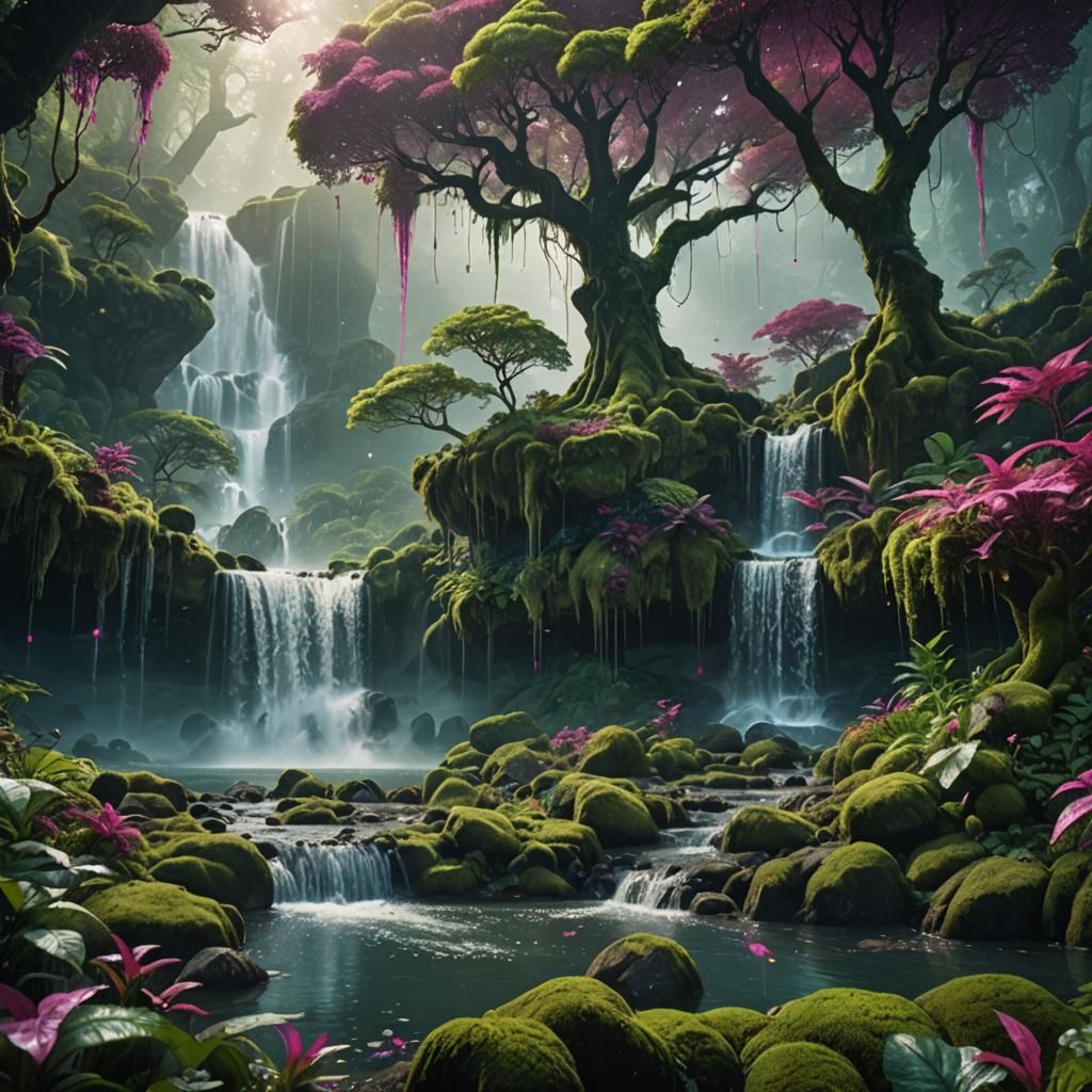 Lush Fantasy Landscape With Waterfalls in Matte Painting Sty...