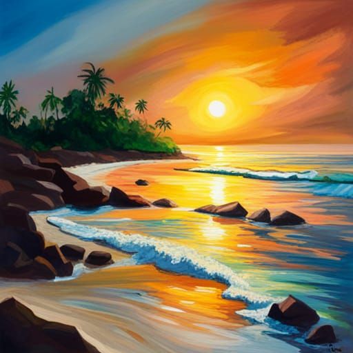 A painting of a beautiful beach in Bali at sunset - AI Generated ...