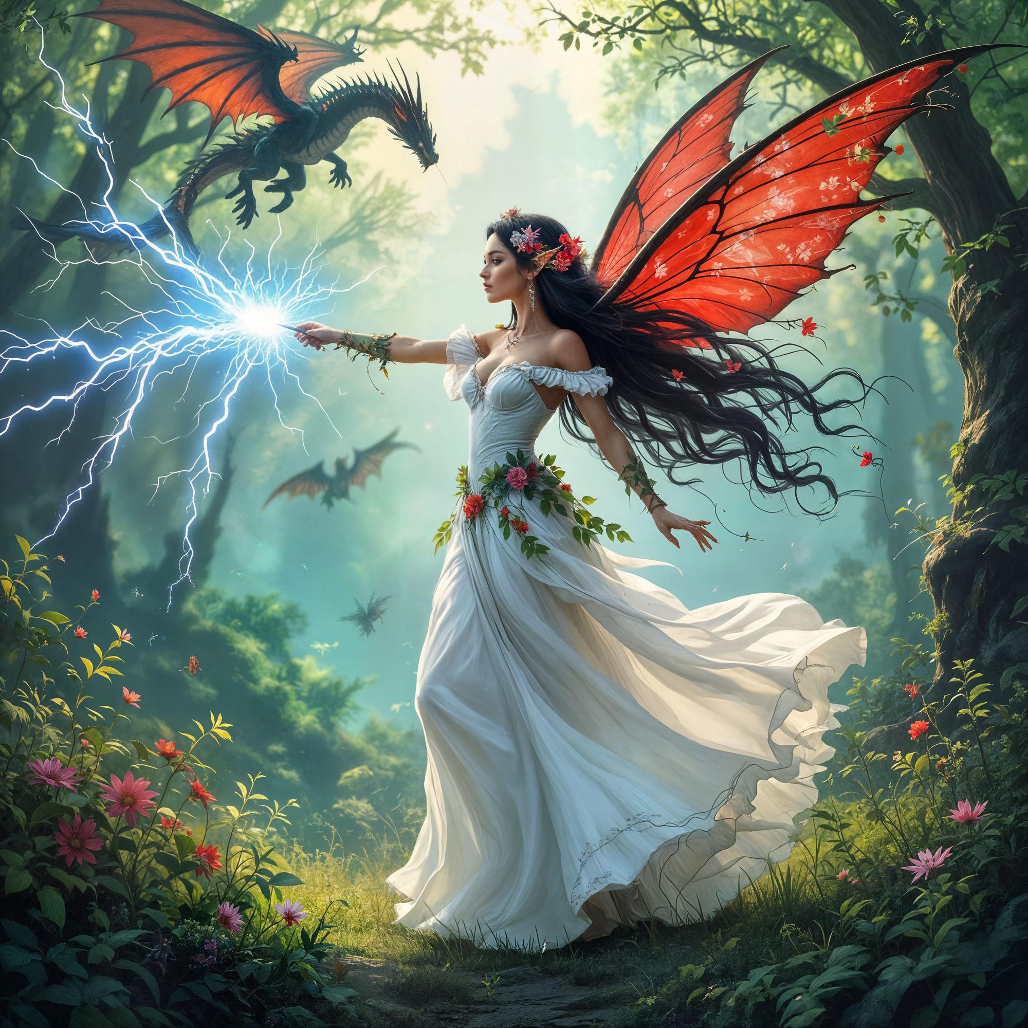 A beautiful tall fairy with black hair, a long white dress and red wings and covered with flowers and leaves for jewelry. The scene shows th...