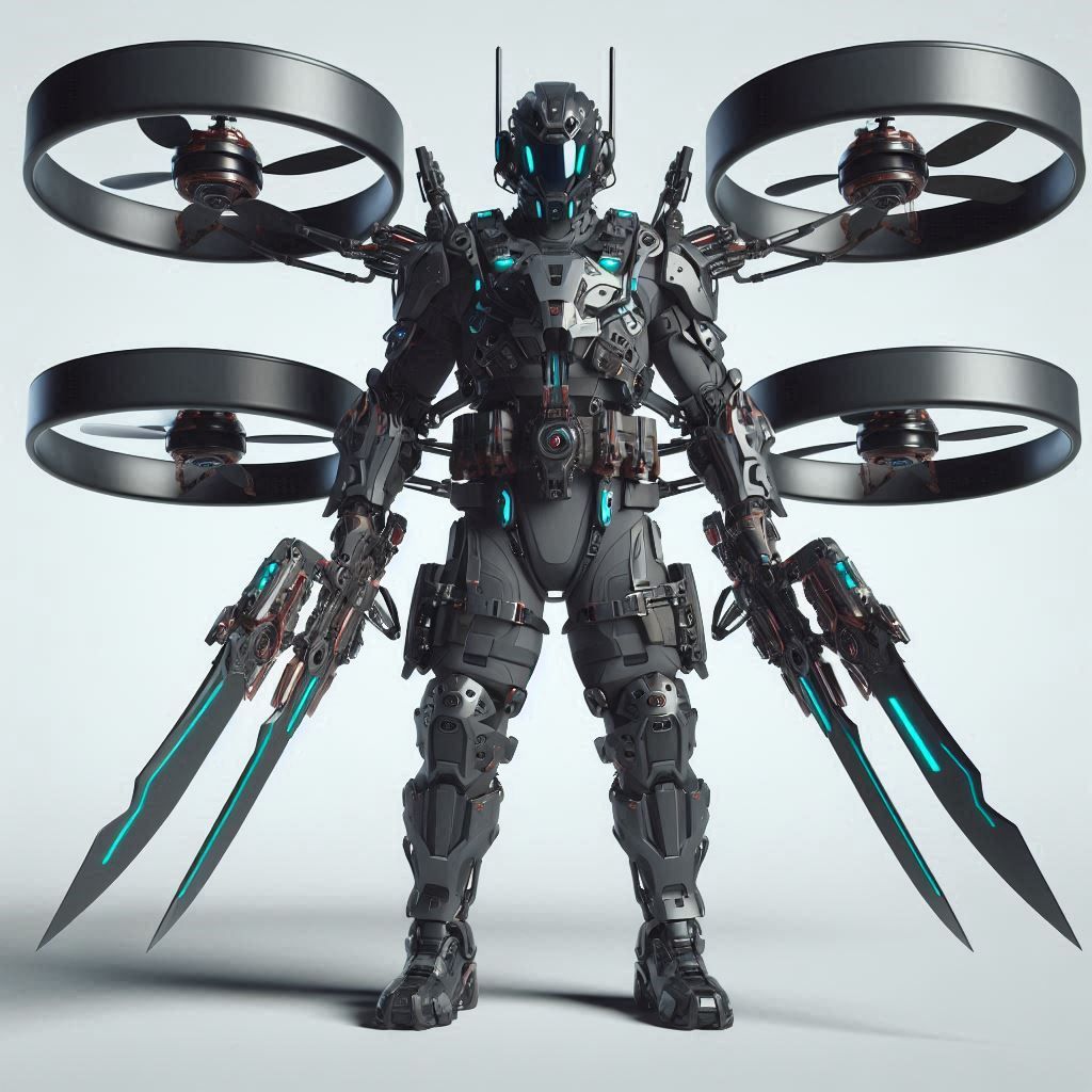 Futuristic flying drone releaser armored solder