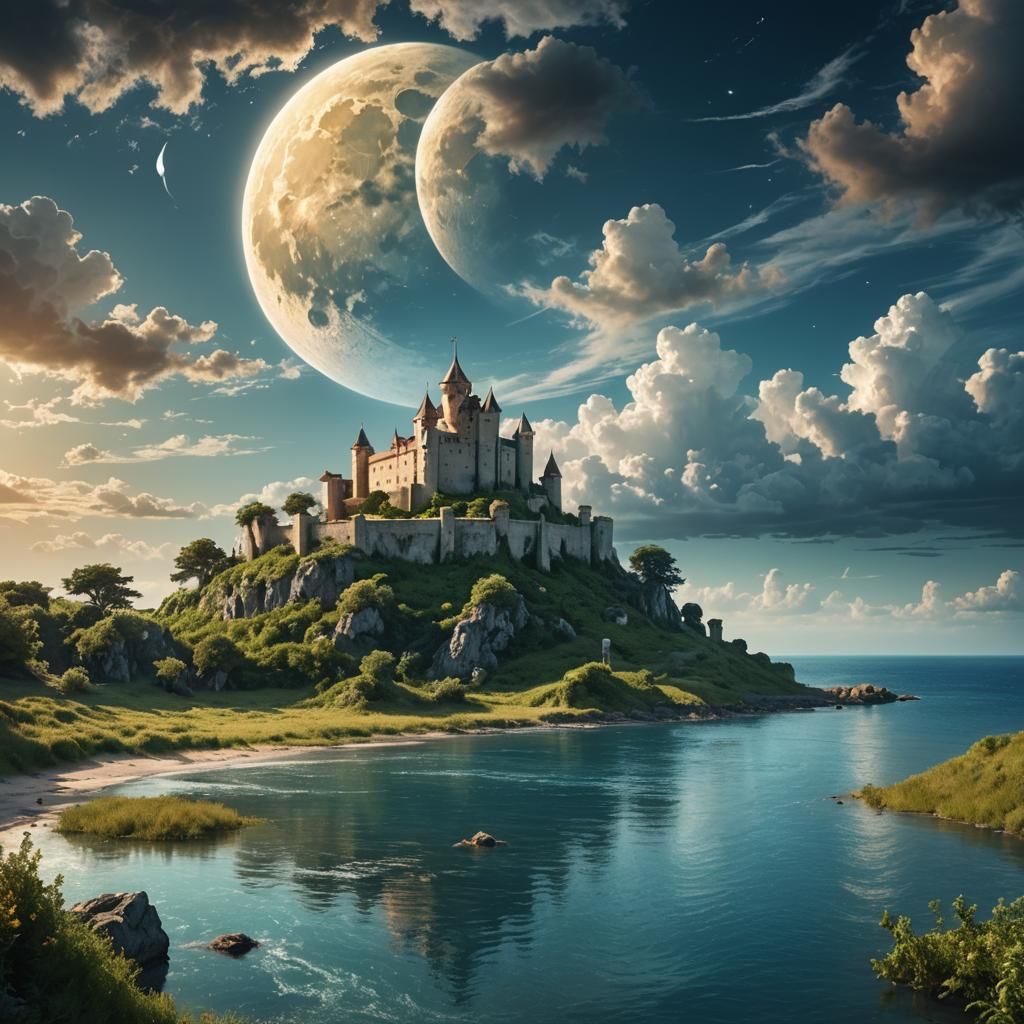 Medieval Fortress Under Giant Moon in Digital Fantasy Landsc...