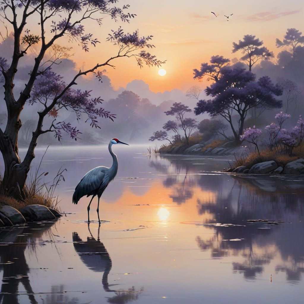 Chinese ink painting a crane stands in the water. at sunset, with tree branches in the foreground