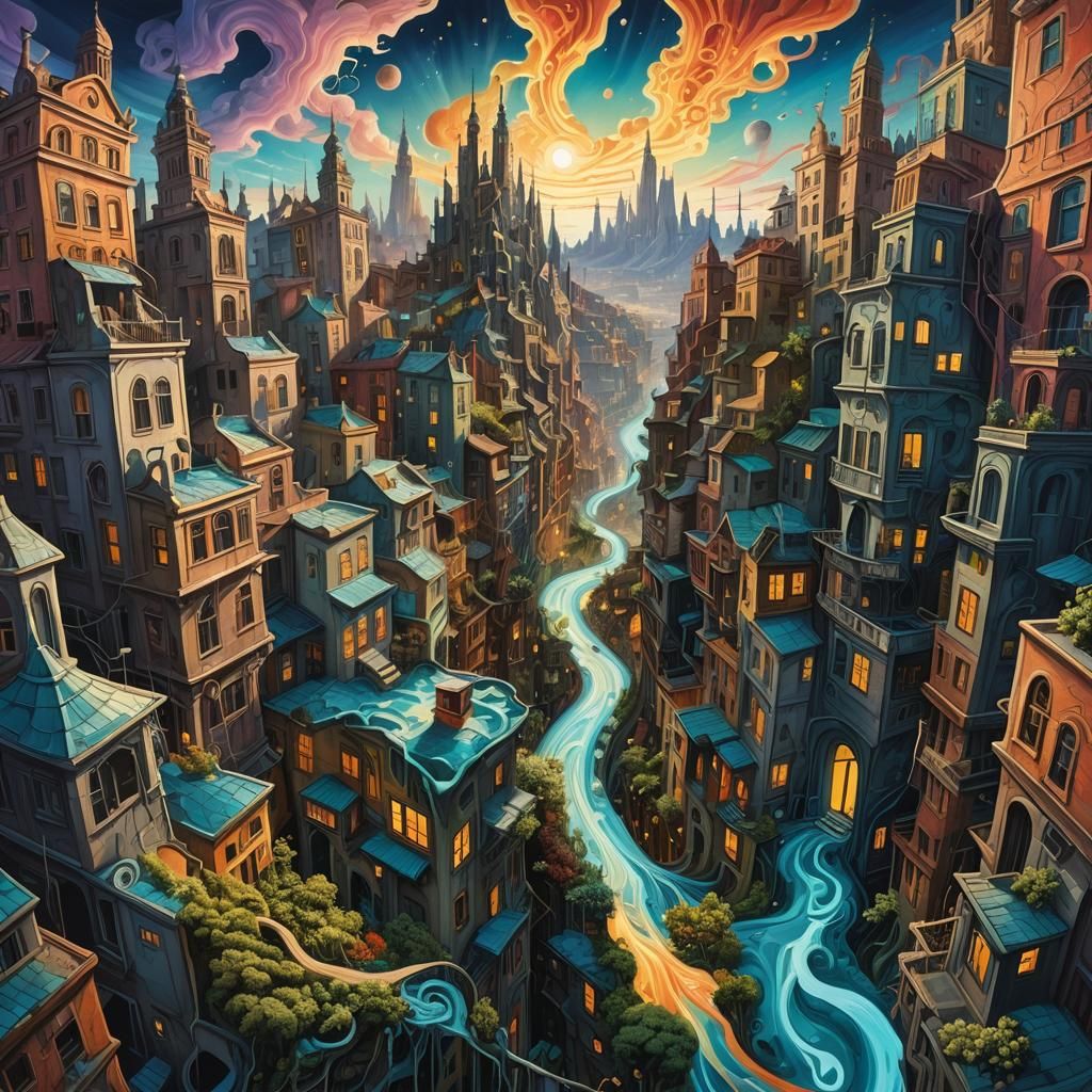 Surreal Cityscape with Melting Buildings and Glowing Flora