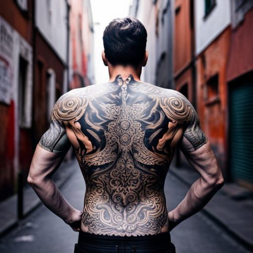 man with large tatoo on his back, standing at the film studio - AI ...