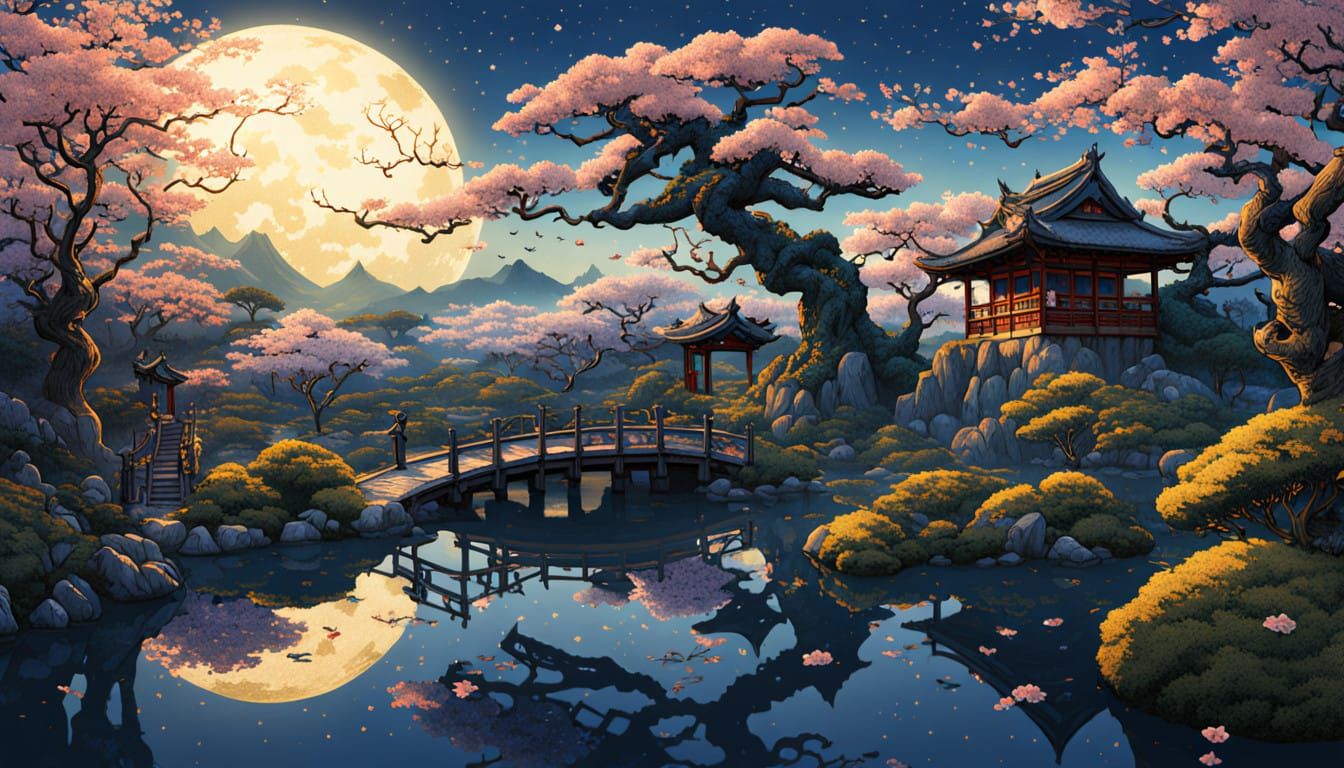 a starry japanese garden, with blossom trees,  potted flowers, a well, koi pond, Jean Baptiste Monge, ...  by @AutumnBear