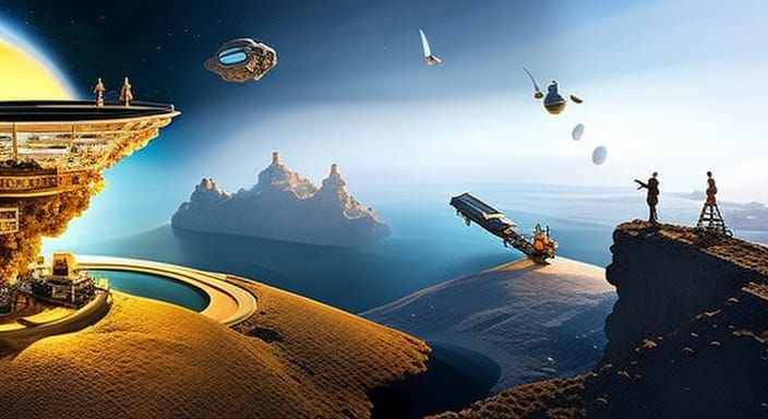 A very detailed Space Cafe on an Asteroid, spacemen sit outs...
