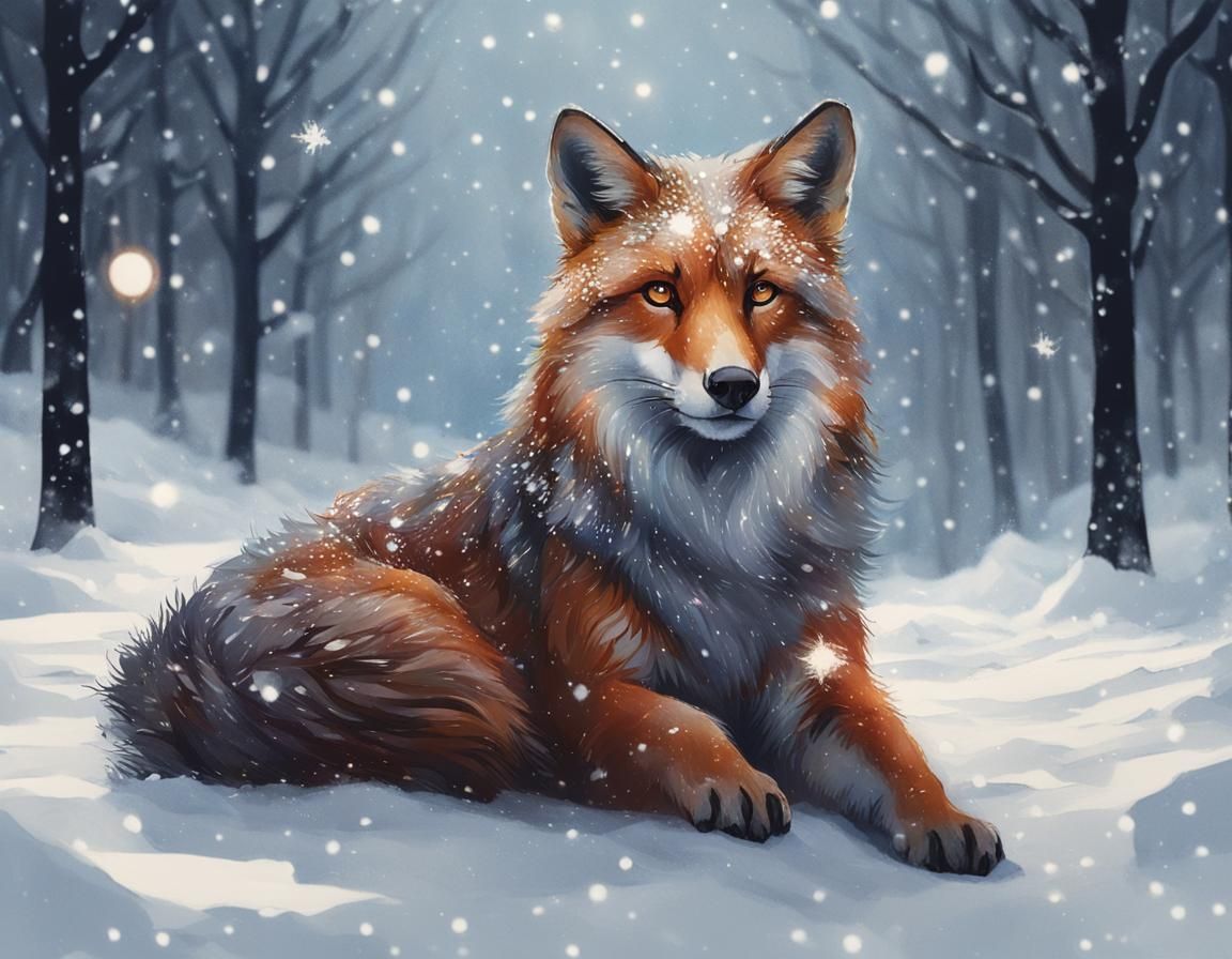 Fox in Winter Dreamscape with Clock Elements