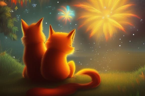 An adorable cat and fox watching fireworks